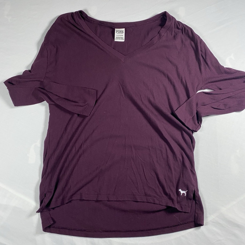 Victoria's Secret PINK Logo Long Sleeve V-Neck Campus Tee - Purple, Small